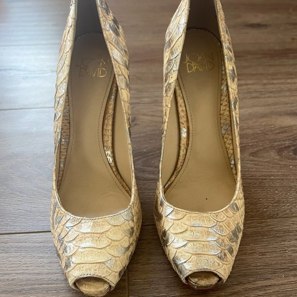 Joan & David Leather Metallic Snakeskin Embossed Open Toe Heels size 6.5 - Picture 2 of 6